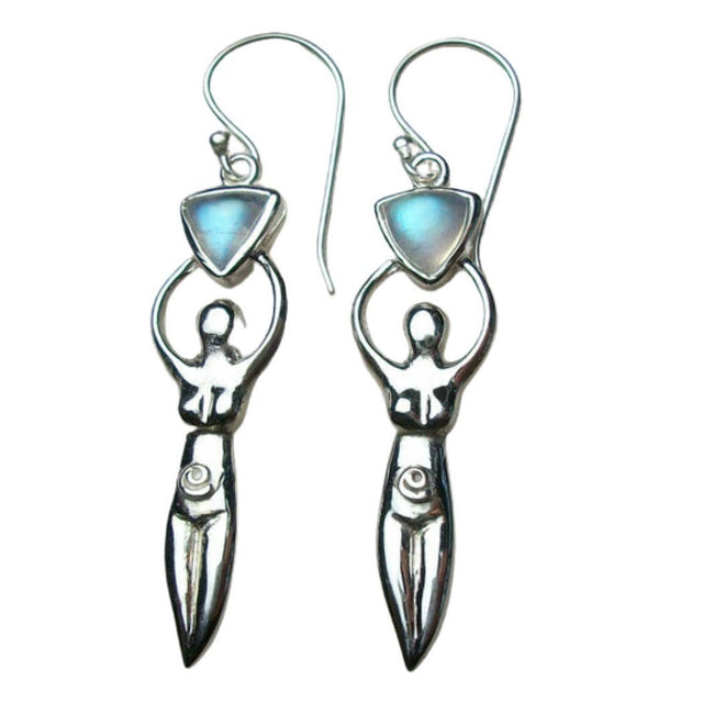 Silver goddess earrings with moonstone, spiritual jewelry for healing and meditation