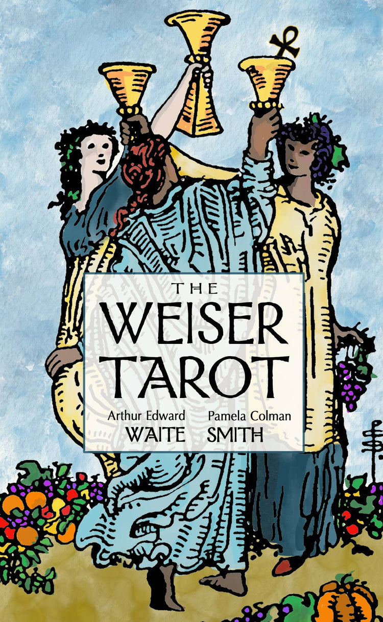 Weiser Tarot deck cover with three women holding golden cups, colorful fruits, and blue sky