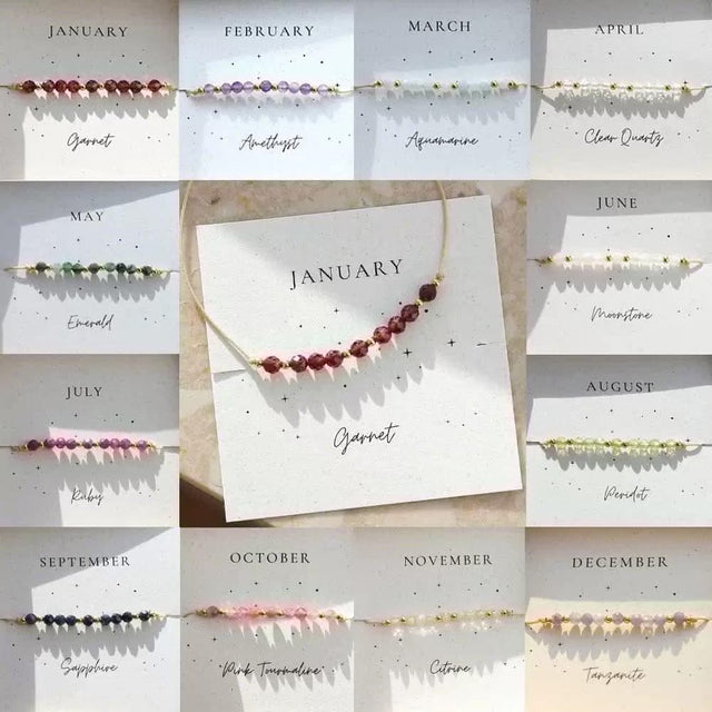 Birthstone bracelets by month, featuring garnet, amethyst, aquamarine, and more for spiritual healing and metaphysical gifts