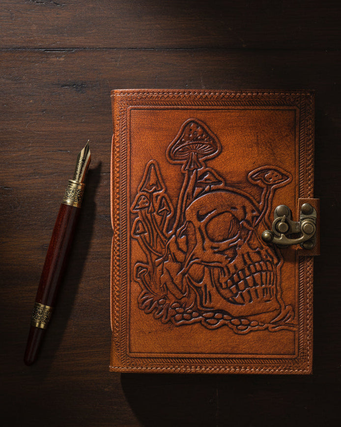 Brown leather journal with skull and mushroom embossing, metal clasp closure, gothic style
