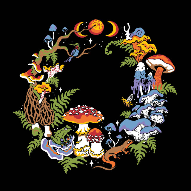 Mushroom Fairy Ring watercolor artwork on black, a ring of mushrooms, ferns and crescent moons