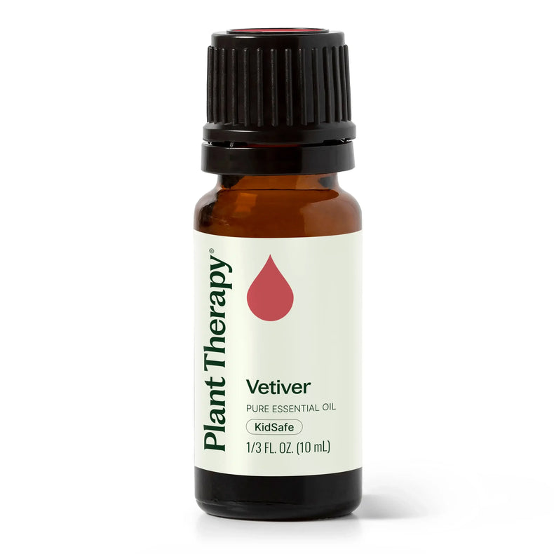 Plant Therapy Vetiver pure essential oil 10ml amber bottle with black cap on white background