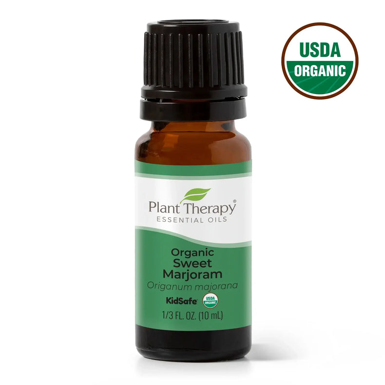 Plant Therapy Organic Sweet Marjoram essential oil bottle with USDA organic label