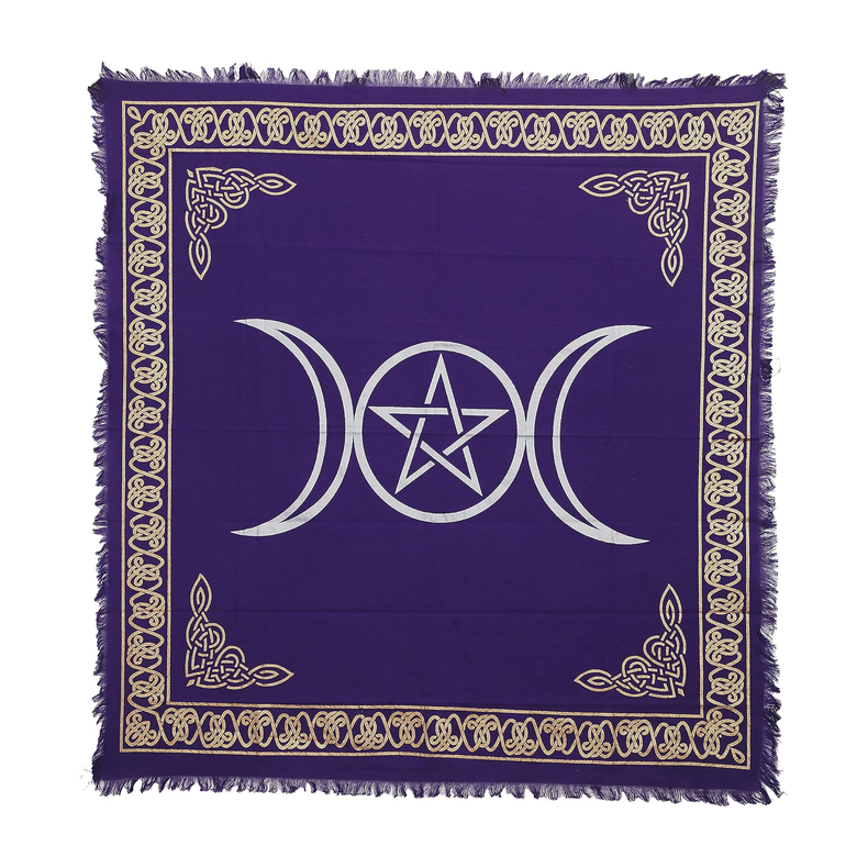 Purple altar cloth with triple moon and pentacle, Celtic knot border, fringed edges for spiritual rituals