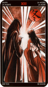 Death tarot card with hooded figure and woman, radiating light, labeled XIII La Muerte