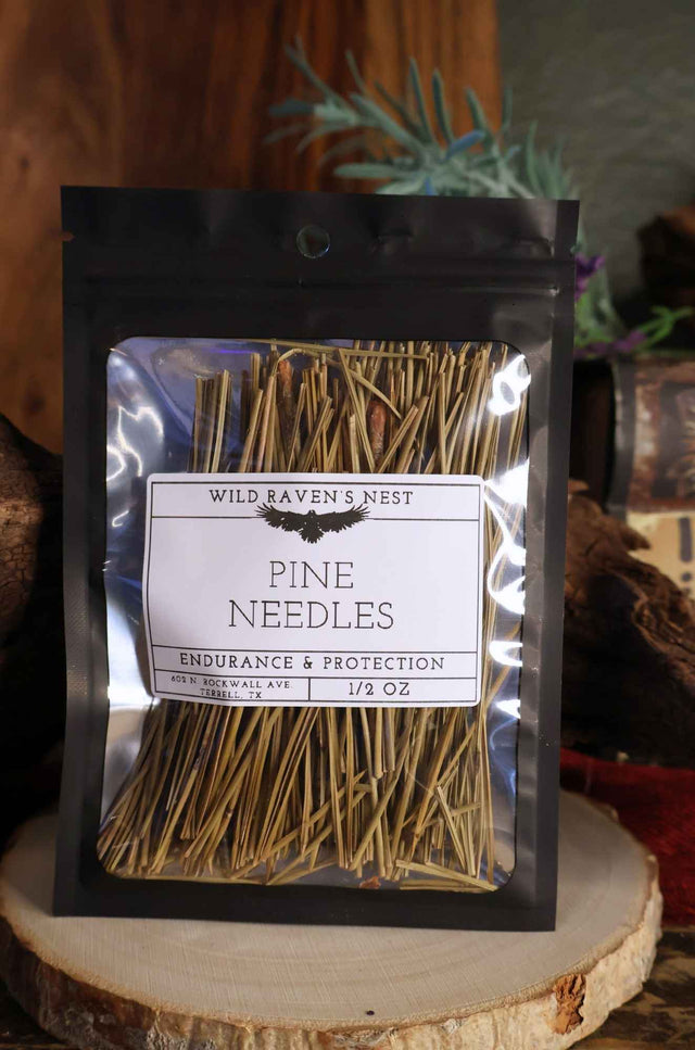 Package of pine needles for endurance and protection on rustic wood display