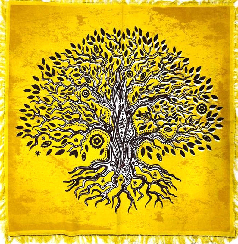 Yellow tapestry with intricate black tree of life design and fringe edges