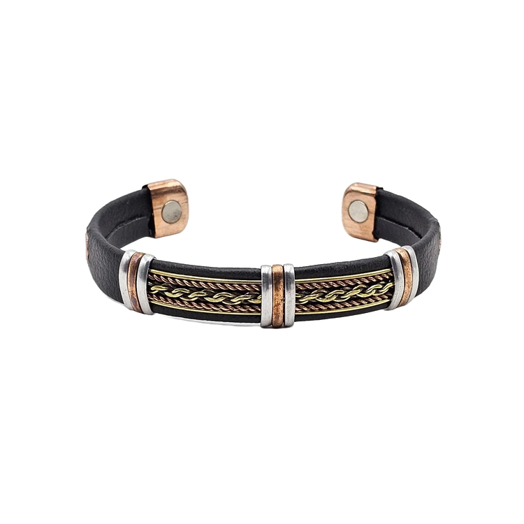 Solid Copper pvc Leather Wrapped Magnetic Bracelet Cuff: Silver Tone - B