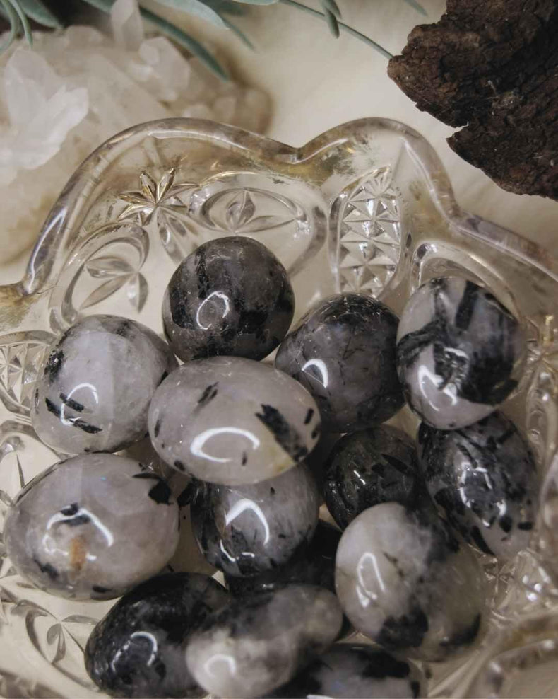 Tumbled black tourmaline quartz stones in a decorative crystal dish with crystals and wood