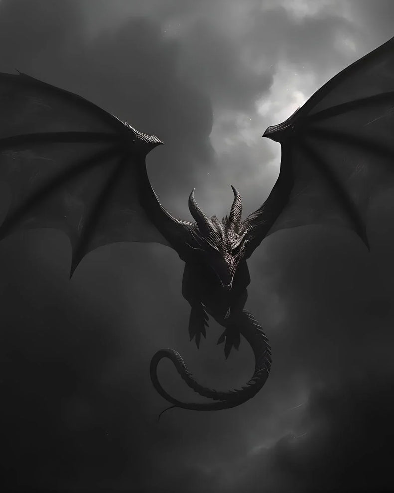 Dark fantasy dragon with outstretched wings flying in a cloudy night sky