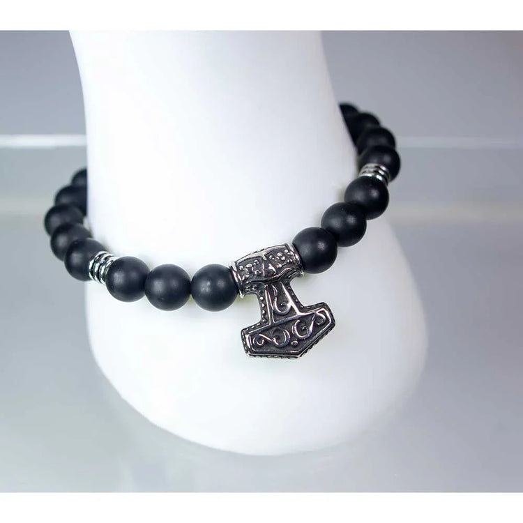 Matte Black Agate w/Viking Hammer Elastic Bracelet 10mm Bead