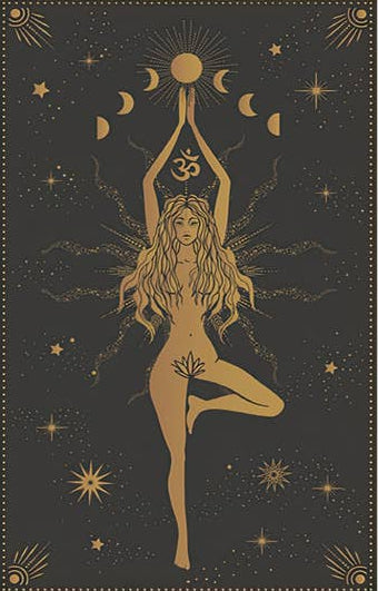 Decorative poster with a stylized illustration of a woman in a yoga pose against a starry night sky.