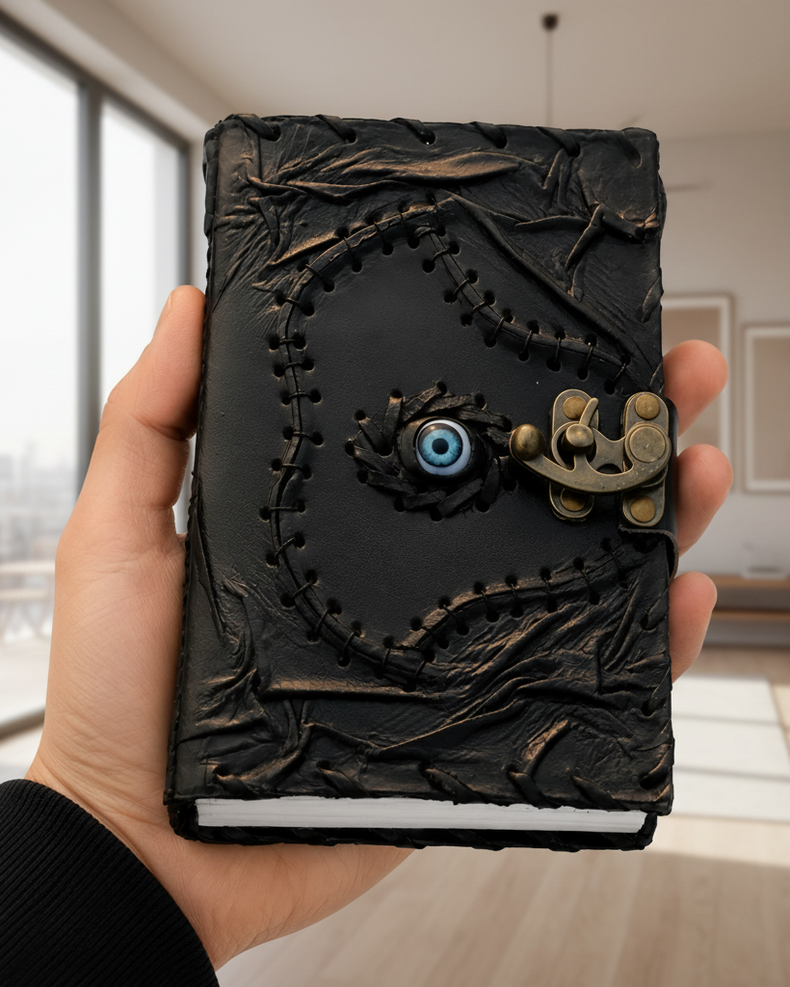 Hand holding a black leather journal with a blue eye, stitched details, and brass clasp, perfect for tarot or spiritual notes.