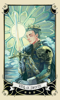 King of Swords tarot card with crowned figure holding sword, celestial background, mystical design