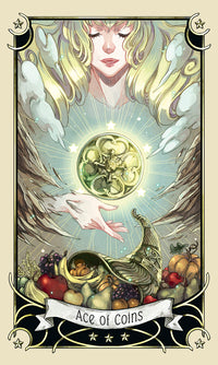 Ace of Coins tarot card with angel, coins, and cornucopia, symbolizing abundance and prosperity
