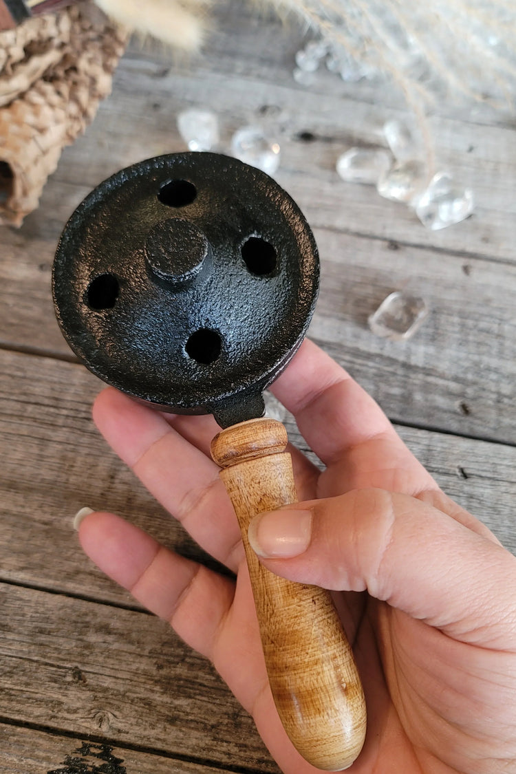 Iron Charcoal Burner w/ Lid + Wood Handle