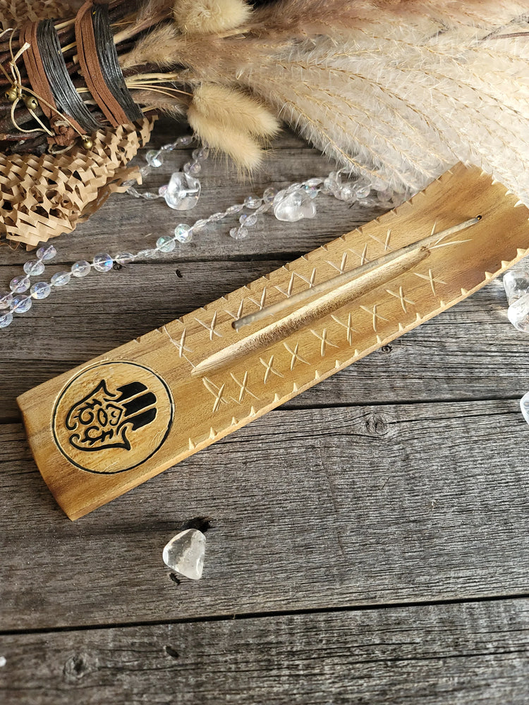 Wide Engraved Wood Incense Holder Fatima Hand