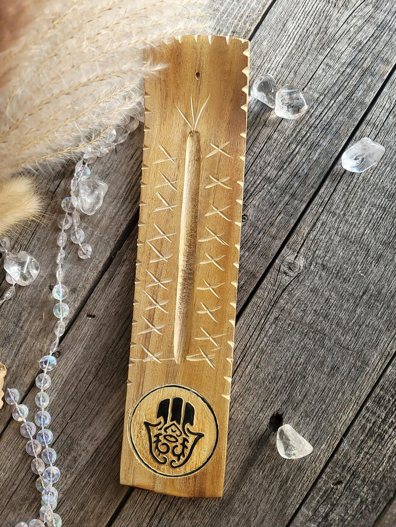 Wide Engraved Wood Incense Holder Fatima Hand