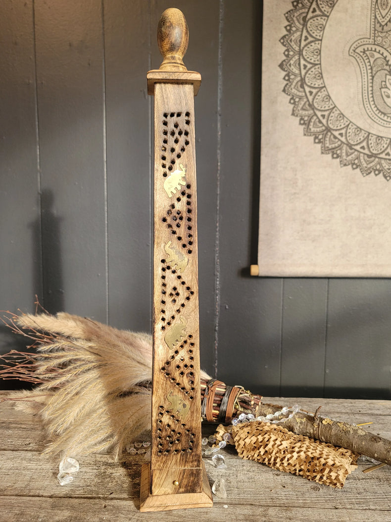 Large Hand Carved Wooden Incense Burner Tower - Elephants