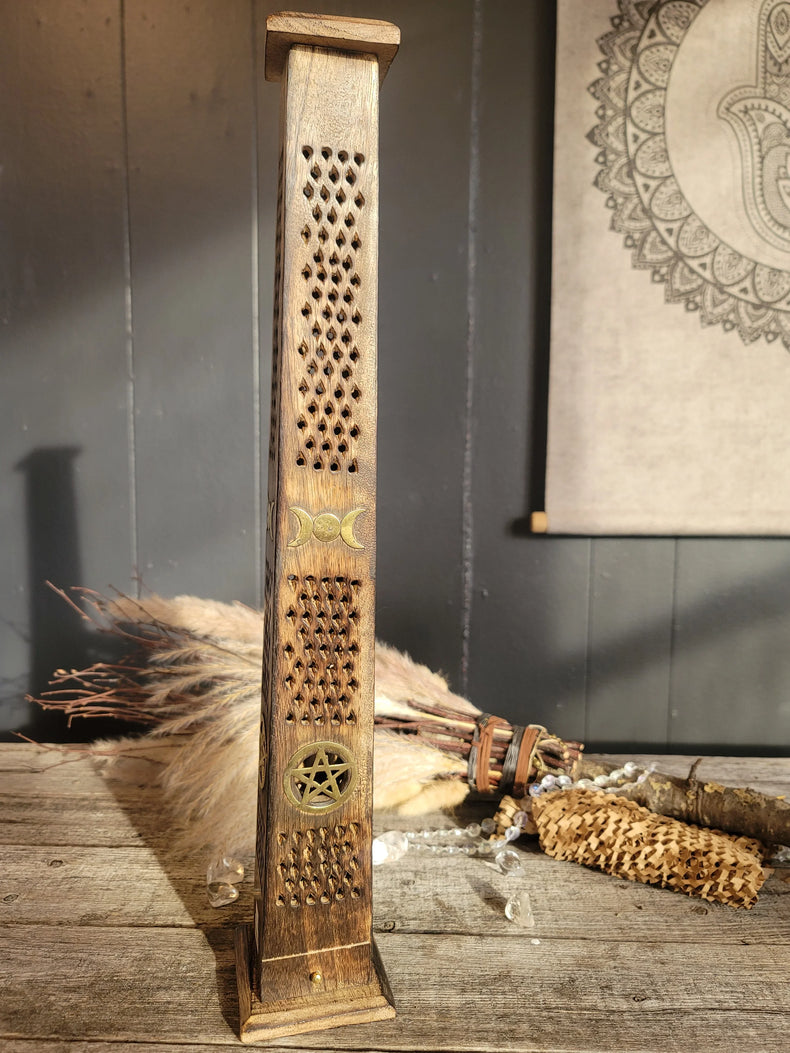 Large Hand Carved Wooden Incense Burner Tower - Pentacle