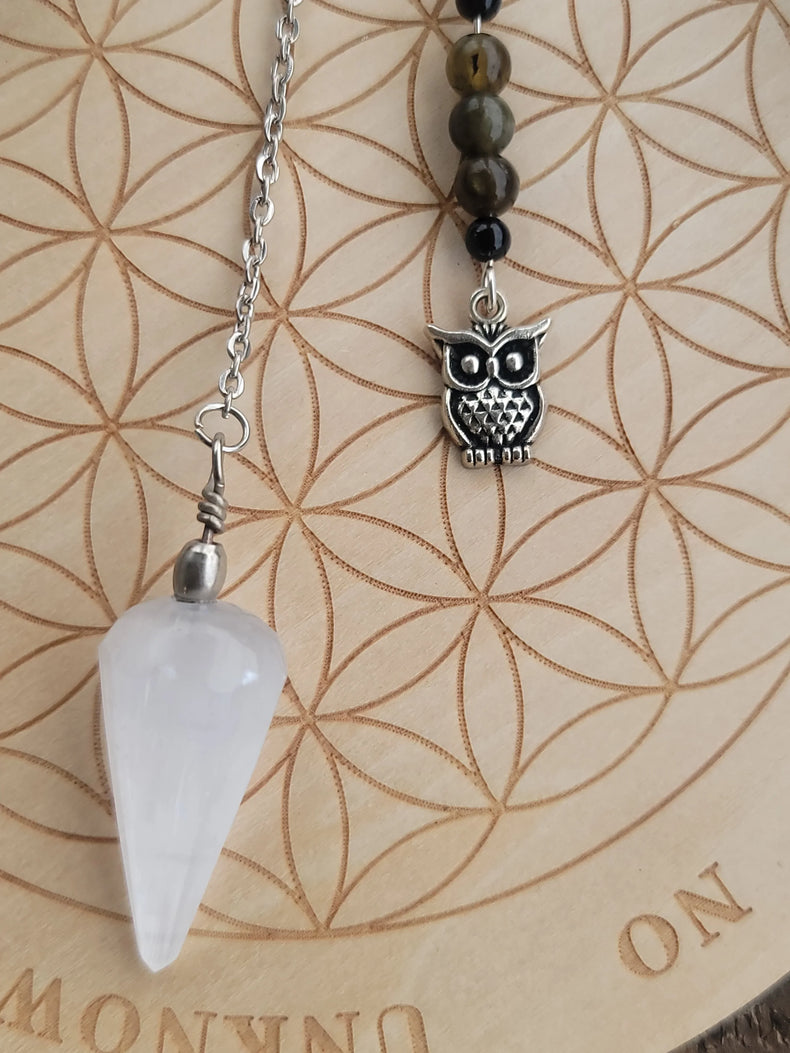 Selenite Pendulums with Labradorite, Obsidian, and owl charm