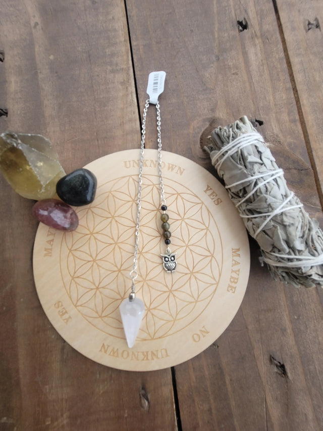 Selenite Pendulums with Labradorite, Obsidian, and owl charm