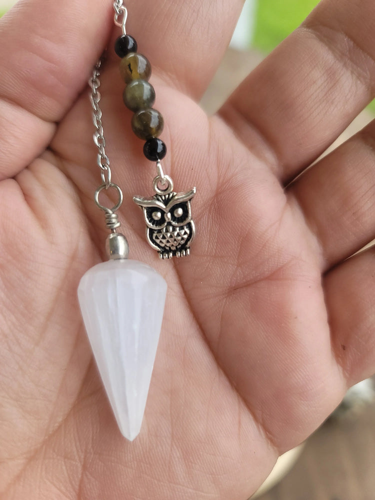 Selenite Pendulums with Labradorite, Obsidian, and owl charm