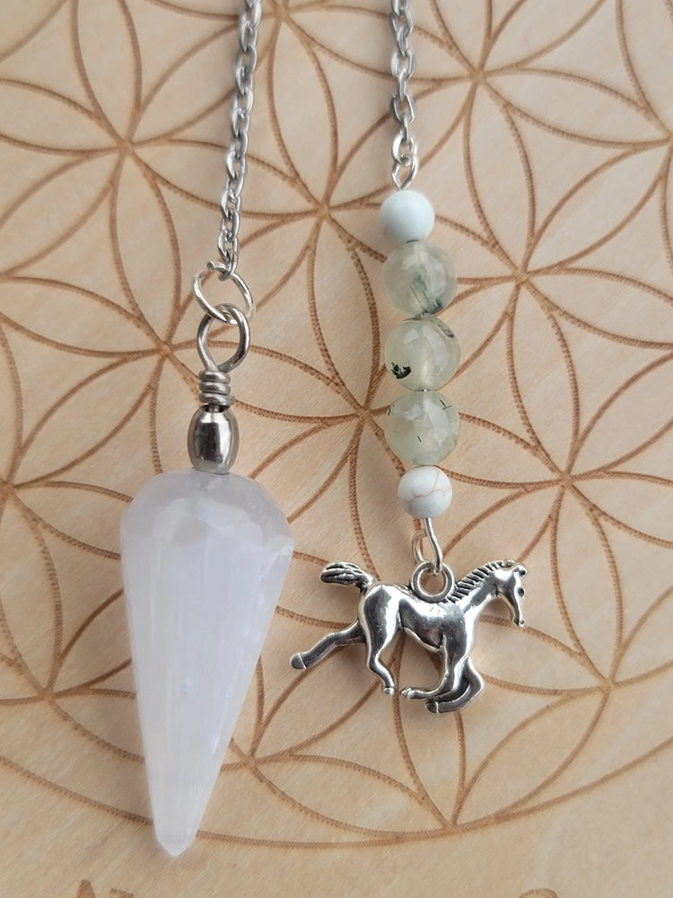 Selenite Pendulum with Prehnite, white turquoise, and horse charm