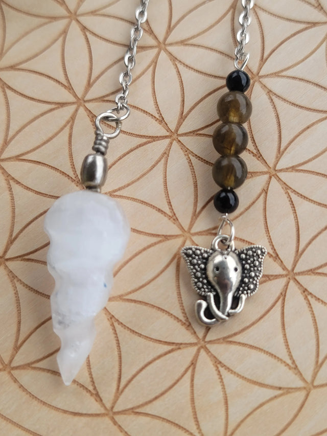 Selenite Pendulum with Labradorite, obsidian, and elephant charm