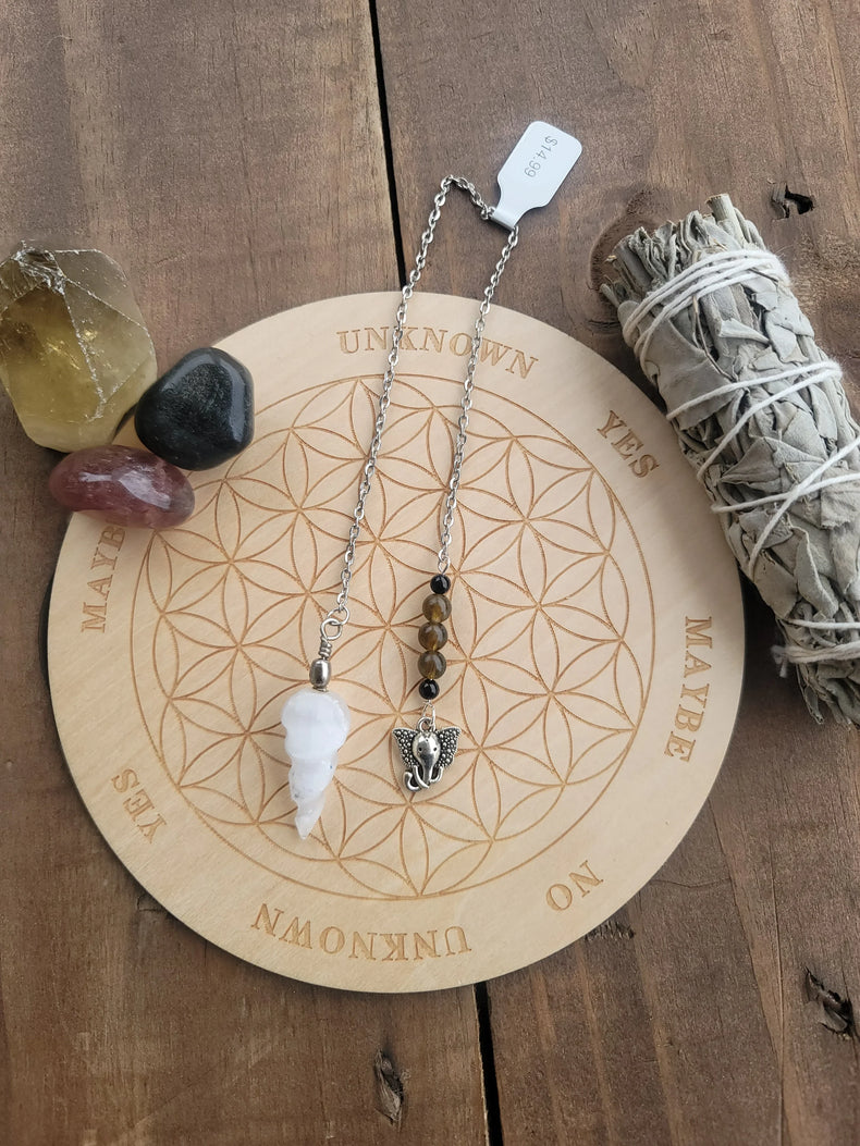 Selenite Pendulum with Labradorite, obsidian, and elephant charm
