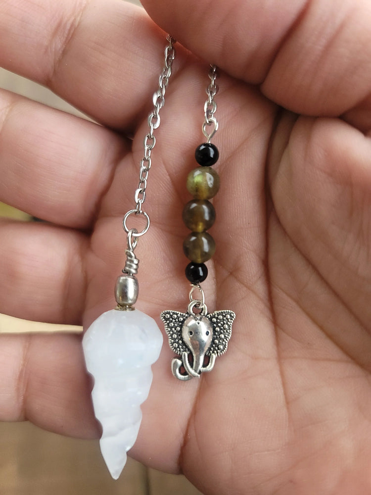 Selenite Pendulum with Labradorite, obsidian, and elephant charm