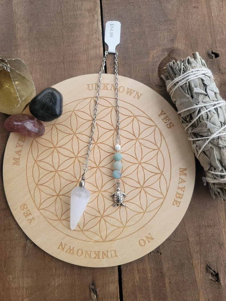 Selenite Pendulum with Amazonite, white turquoise, and turtle charm