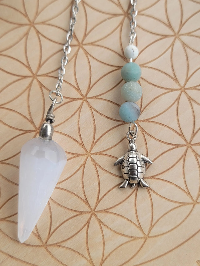 Selenite Pendulum with Amazonite, white turquoise, and turtle charm