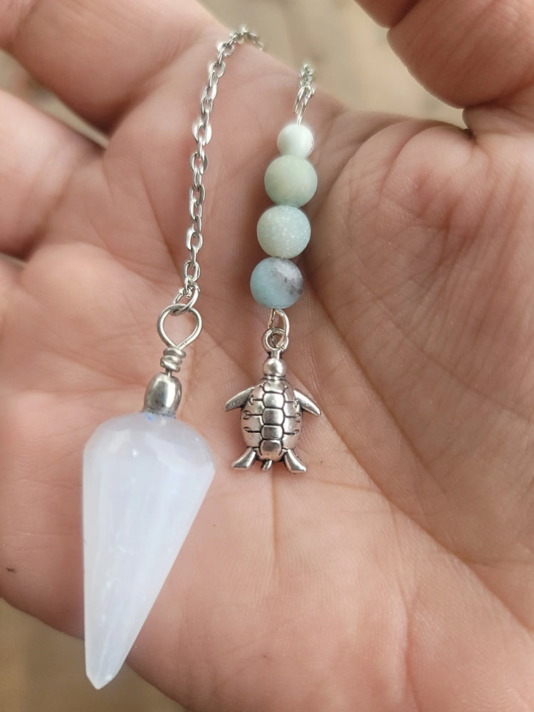 Selenite Pendulum with Amazonite, white turquoise, and turtle charm