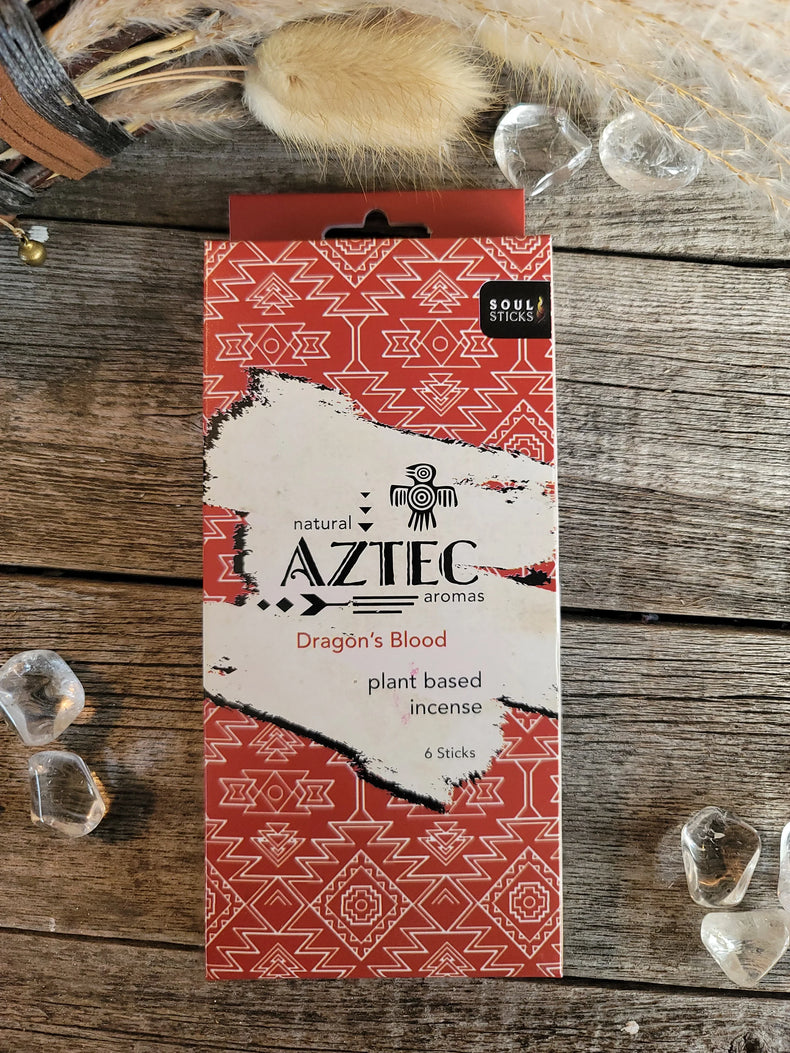 Aztec aromas Dragon's Blood plant-based incense box with crystals on rustic wood