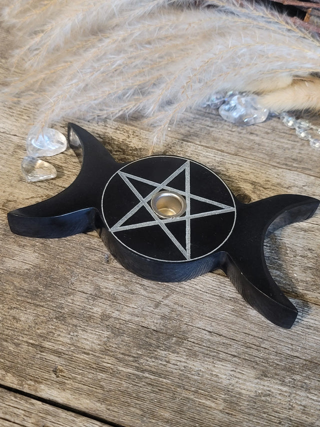 Soapstone Mini Candle Holder Triple Moon w/ Pentacle - Black