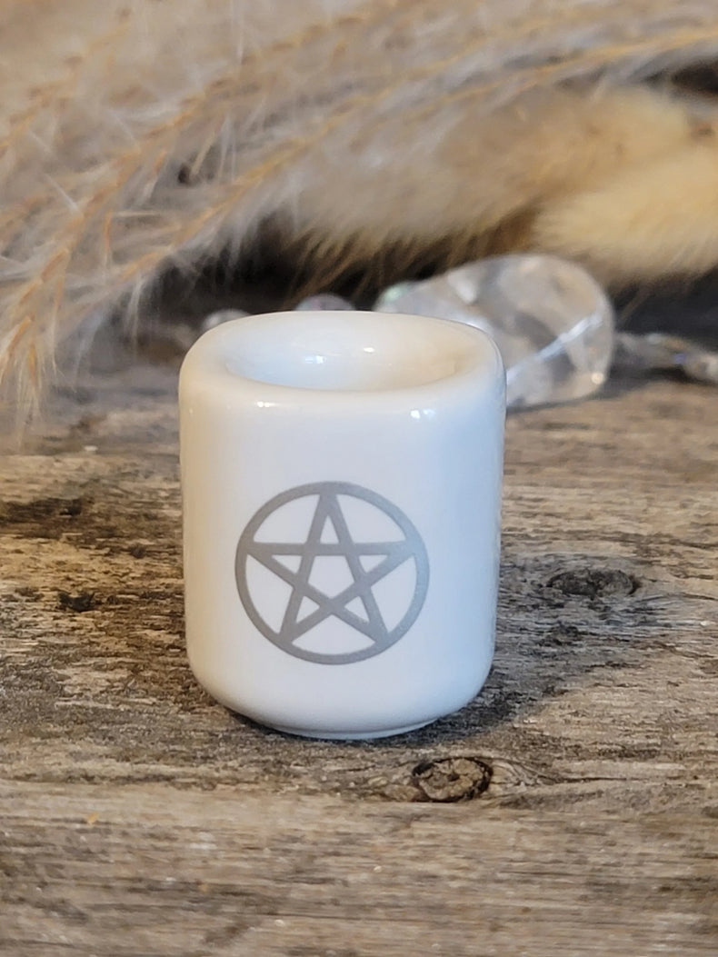 Ceramic Chime Candle Holder - White w/ Silver Pentacle