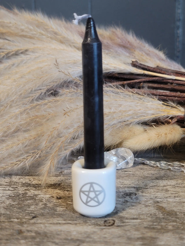 Ceramic Chime Candle Holder - White w/ Silver Pentacle