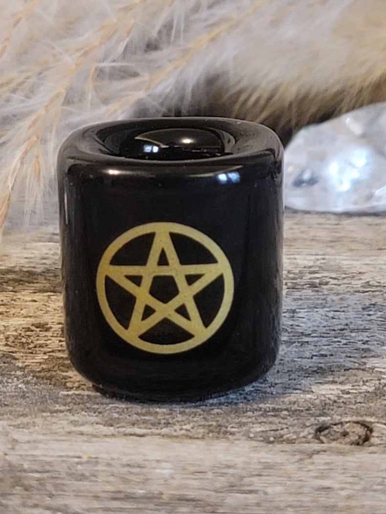 Ceramic Chime Candle Holder - Black w/ Gold Pentacle