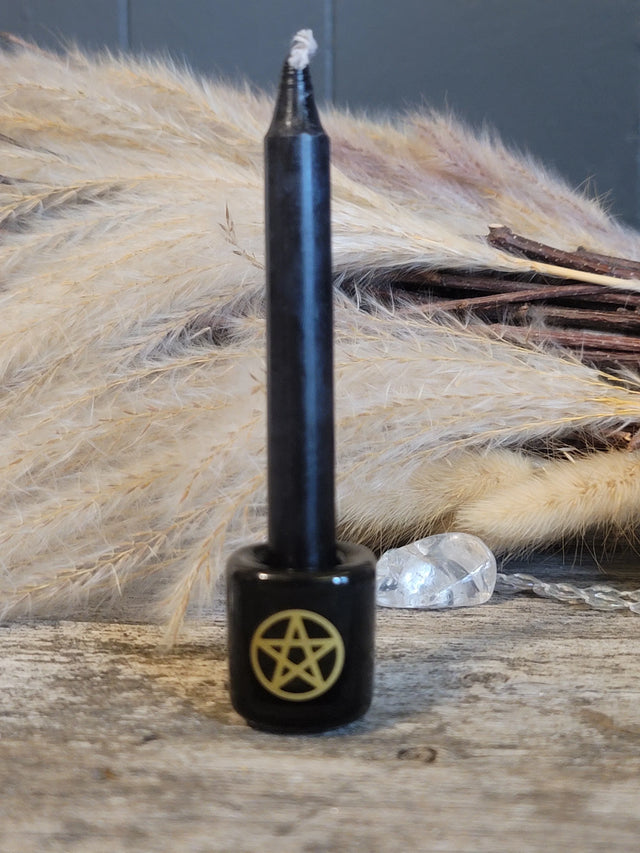 Ceramic Chime Candle Holder - Black w/ Gold Pentacle