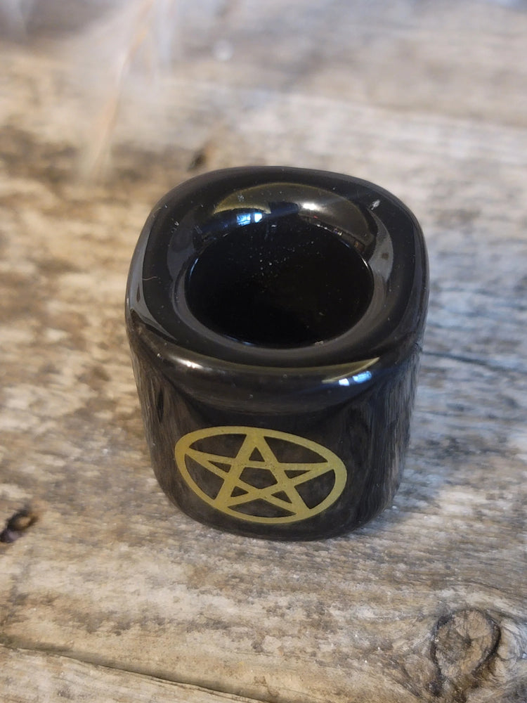 Ceramic Chime Candle Holder - Black w/ Gold Pentacle