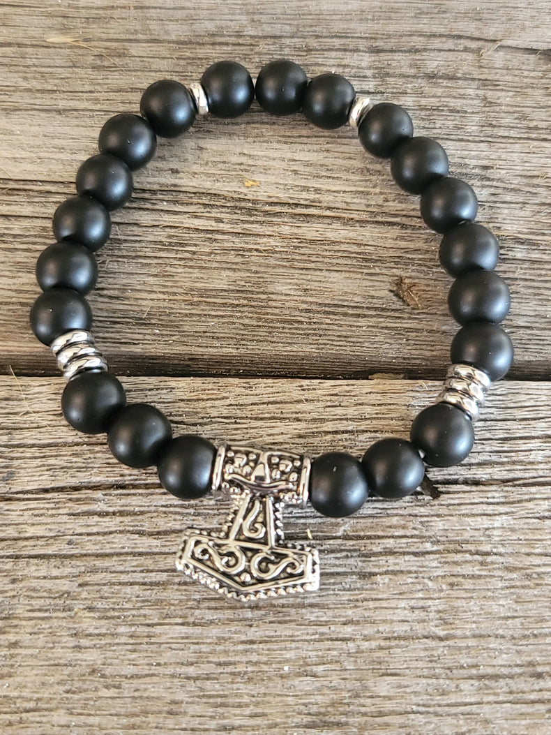 Matte Black Agate w/Viking Hammer Elastic Bracelet 10mm Bead