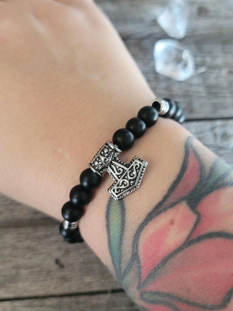 Matte Black Agate w/Viking Hammer Elastic Bracelet 10mm Bead