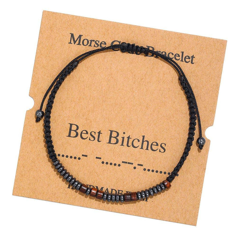 Black adjustable Morse code bracelet with beads on card reading 'Best Bitches'.