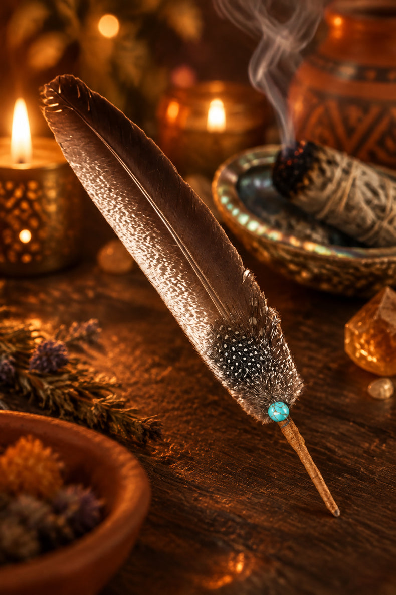 Brown smudging feather with spotted accent and turquoise bead, metaphysical decor