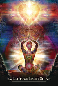 Meditating figure with glowing heart chakra, radiant light, spiritual energy — tarot card art for healing and mindfulness