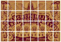 Vintage Ouija board with alphabet, numbers, and spirit guide symbols in rustic design