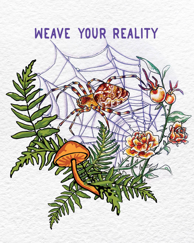 Spider Weaver watercolor artwork lettered Weave Your Reality, spider web with marigolds and ferns
