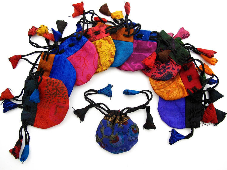 Colorful patchwork drawstring pouches for crystals, tarot cards, or metaphysical tools