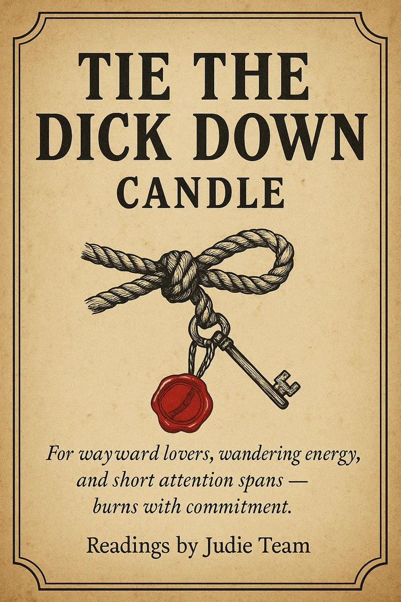 Vintage-style metaphysical candle label with knot, key, and wax seal illustration.